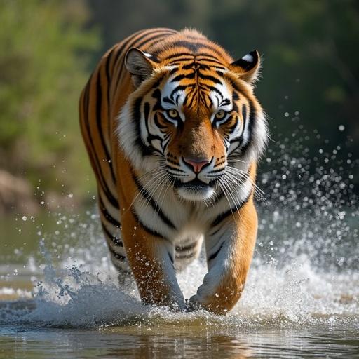 Tiger leaping through water in a natural setting with greenery in the background