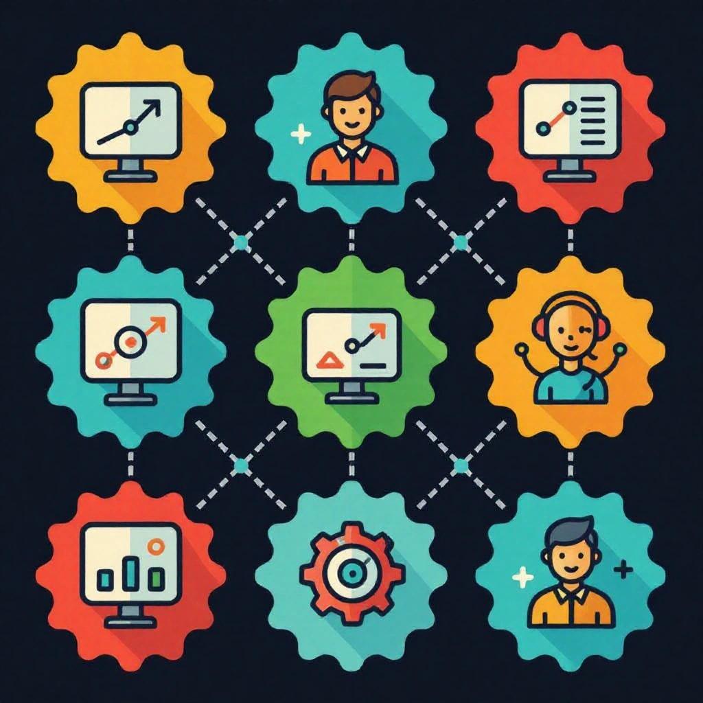 Icon set visualizing teamwork concepts. Sixteen unique icons representing various teamwork-oriented activities including data analysis, communication, and collaboration. Vibrant colors and flat design style.