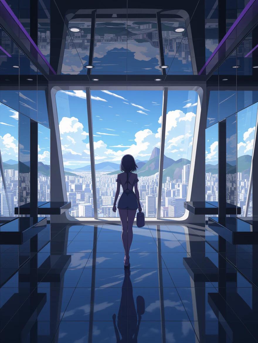 Anime style image set in the year 2201. Features a high-tech luxurious building with a large window showcasing a cityscape. A silhouette of a woman walks towards the window. The color palette combines amethyst purple and black. Scene is set in the summer morning.