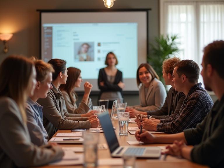 Group of professionals in a meeting room. Individuals seated around a conference table. Presentation screen in background shows a person's profile. People engaged in discussion. Atmosphere of collaboration and communication.