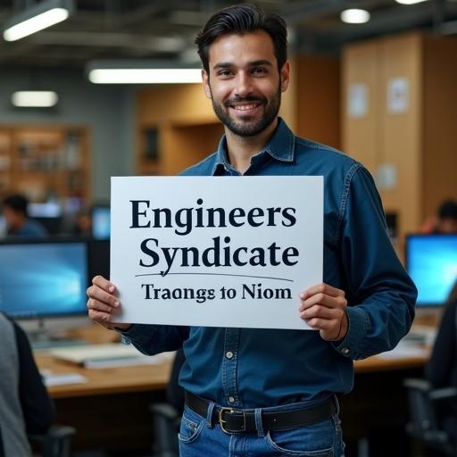 An engineer stands in a workshop. He holds a sign that reads 'Engineers Syndicate – Daraa Branch – Training and Qualification'. The background shows a computer lab with engineers training and a lecture hall with an audience.