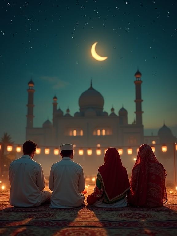 A serene cinematic scene at night. A Bangladeshi family prays under a crescent moon with stars. Men wear white panjabis and topis. Women wear red and green sarees and hijabs. They sit on a prayer mat in front of a softly lit mosque. Their expressions show devotion and unity. Lanterns create a peaceful atmosphere. A warm glow evokes moments of celebration.