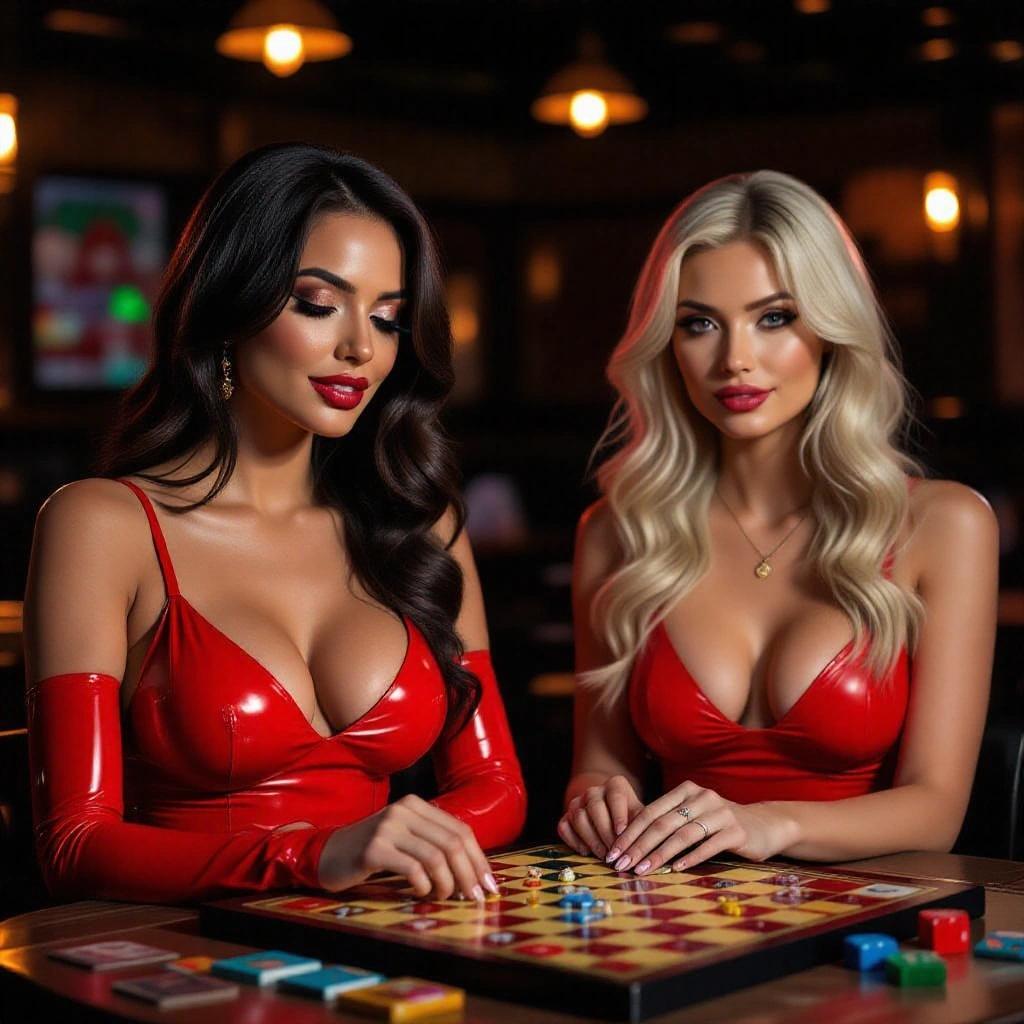 Modern board games played by two attractive women in red latex dresses. One has long dark hair; the other is a stunning blonde. They are deeply engaged in a game setting with an upscale vibe.