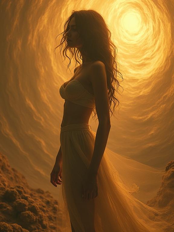 A stunning image of a figure in a warm amber and gold environment. The figure appears disappointed and disoriented. The background features surreal, shifting patterns. The scene has an ethereal glow and an artistic, fantasy quality.