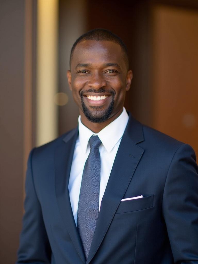 Professional portrait of an attorney in a suit. The image portrays a confident man smiling. Background indicates a corporate setting. He is dressed in formal attire with a tie. This image represents legal services in Ghana.