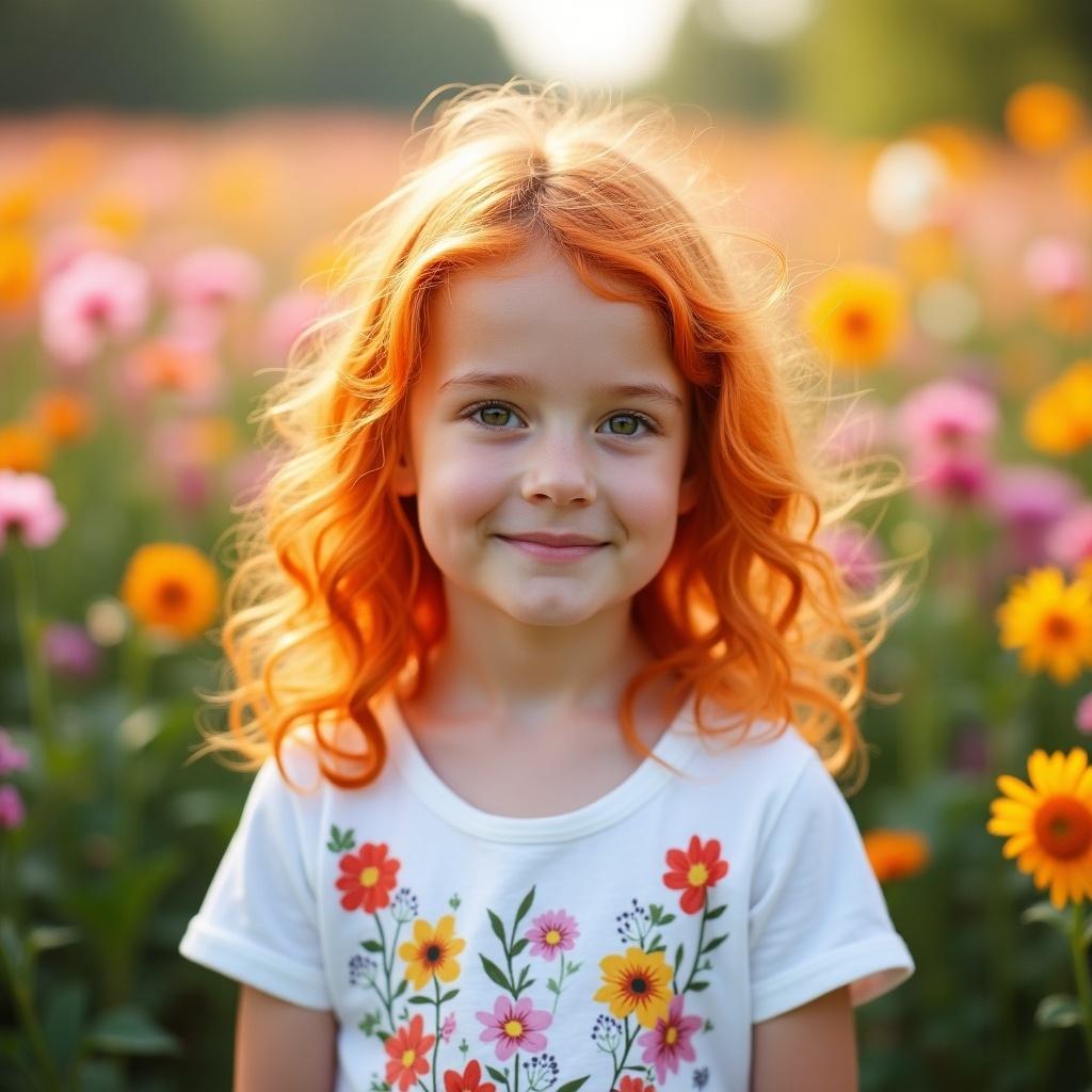 Image features a young girl standing in a blooming flower field. She has vibrant orange hair and is wearing a white shirt with flowers. Background filled with colorful flowers creating a serene atmosphere. Natural light gives a warm feel. Calm expression evokes tranquility and joy.