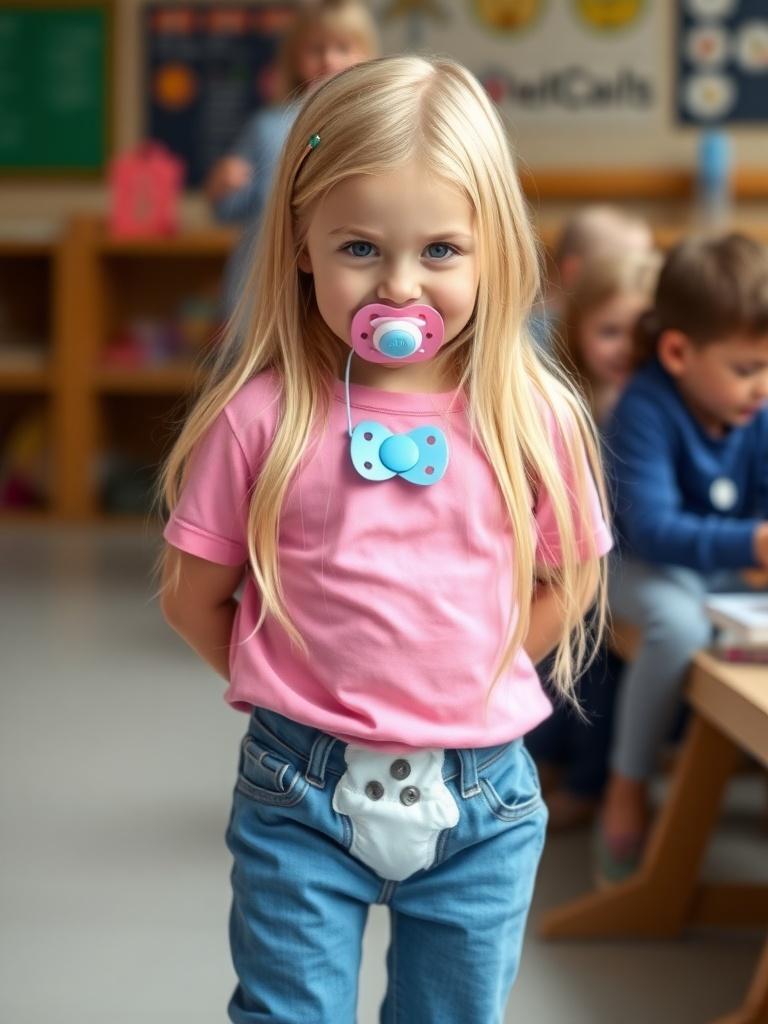 A young girl with long blonde hair wearing a pink shirt, with a pacifier, standing in a daycare setting, looking directly at the camera.