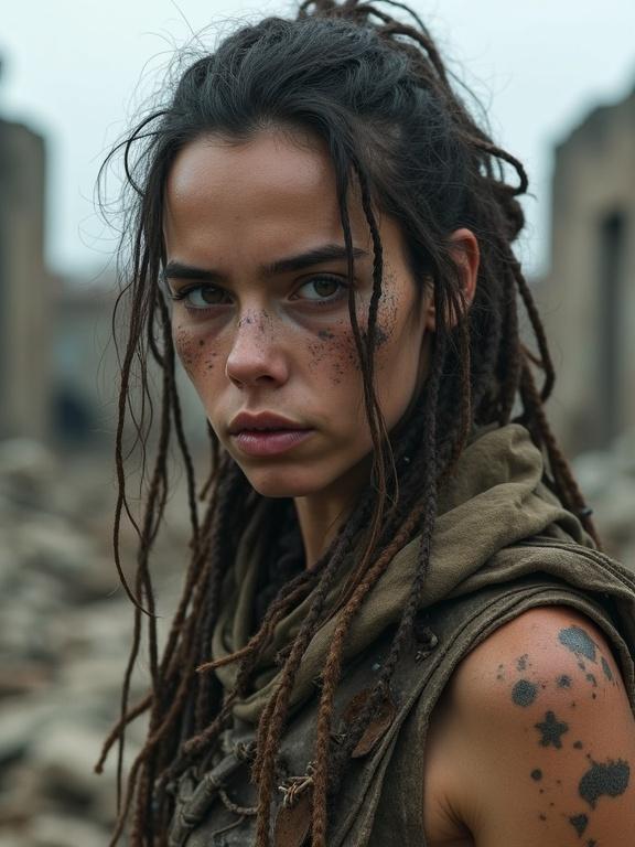 Highly detailed photorealistic portrait of a wasteland huntress with a weathered face and wiry physique. Long tangled hair with dreadlocks, skin dirty and smeared with mud for camouflage. Tribal tattoos visible, cold expression. Wearing primitive self-made clothing from scavenged materials in a ruined city backdrop under a moody sky.