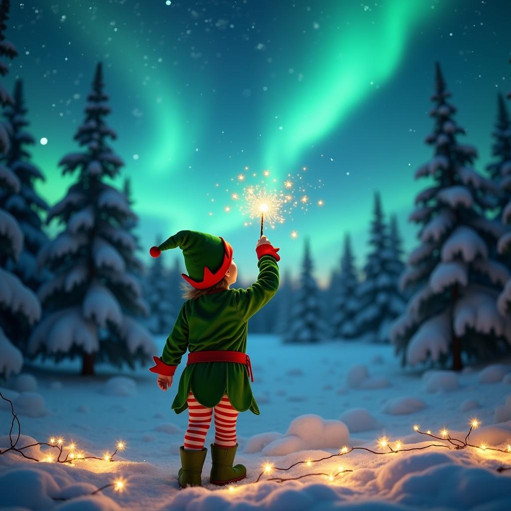 A child is dressed in an elf costume, standing in a snowy landscape. They are gazing up at the sky and using a wand to write the name 'Olivia' in sparkling light. The northern lights illuminate the background with vibrant colors. Snow-covered trees surround the scene, adding to the winter charm. Twinkling lights lie in the foreground, enhancing the cozy ambiance. The overall mood feels cheerful and festive, ideal for celebrating the holiday season.