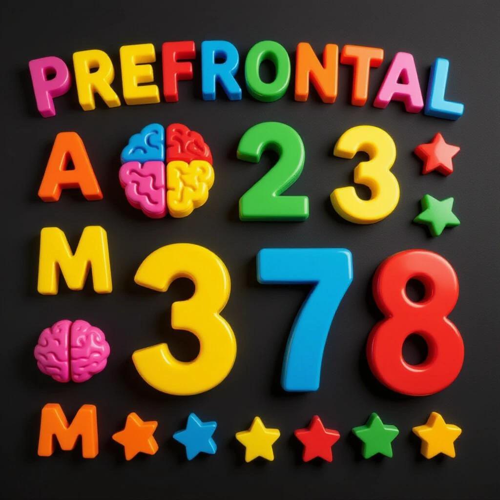 Colorful plastic letters and numbers arranged on a black background. Letters on the left spell out prefrontal. Mix of numbers and playful shapes. Design is attractive for young children. Orginal educational motif with brain image nearby.