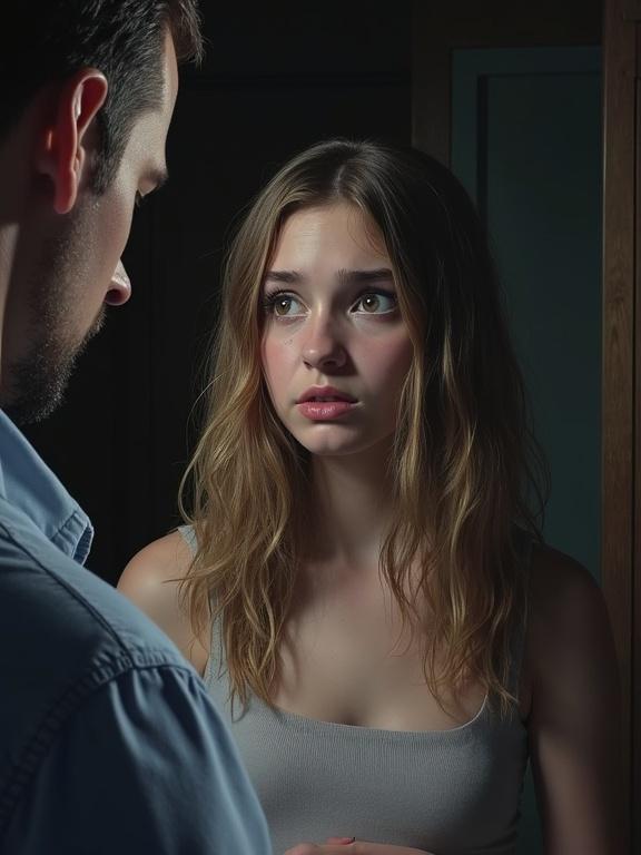Realistic colored pen drawing. Side view of scared, wincing, pouting, tearful crying blond high school girl in dark bedroom. Barechested, lower lip trembling, visibly upset, hands on sides, looking down in front of middle-aged man. Scene from a dramatic series.