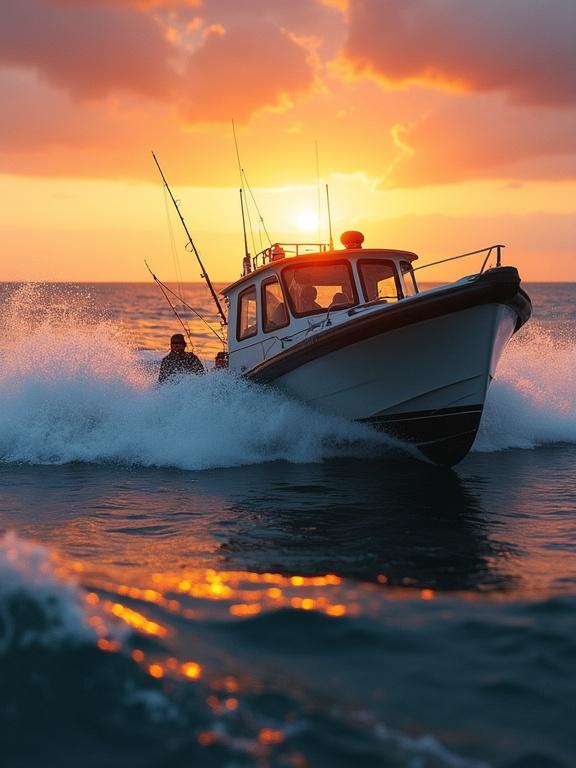 High-tension scene in the open sea at sunset. Small fishing boat speeds away with frightened fishermen on board. Large shark's dorsal fin slices through the water close behind, creating splashes. Both boat and shark move fast, generating dynamic waves. Fishermen look back in panic. Dramatic sky with warm sunset colors. Cinematic and realistic, with motion blur and dramatic lighting.