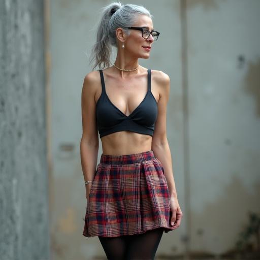 Photorealistic image of a 45-year-old woman with gray hair in a ponytail. She wears an off-shoulder tank top and knee-length plaid skirt. Black pantyhose and glasses complete her outfit. The woman has a shy smile and a subtly sexy pose. Soft, natural lighting creates a flattering ambiance. Background is uncluttered, focusing on her expression and figure. High resolution image with detailed skin texture and clothing fabric.