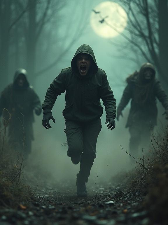 Scared person running away from spooky monsters in panic. Motion lines suggest urgency and speed. Dynamic pose captures a moment of fear. Eerie atmosphere heightened by fog and moonlight.