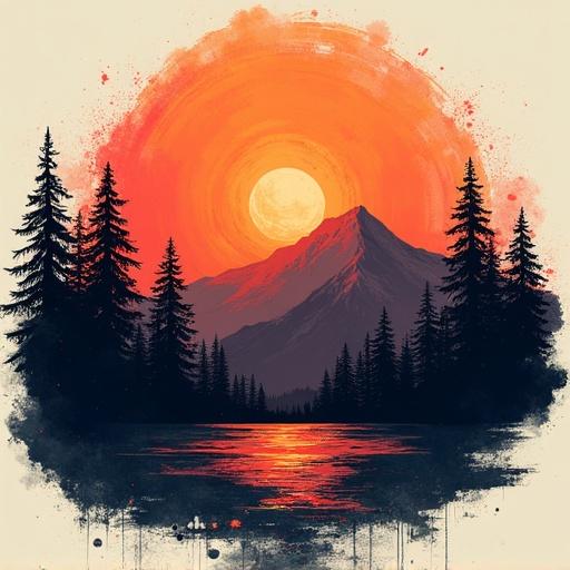 Abstract mountain and forest landscape featuring a vivid sunset. The design uses ink style with vintage elements.
