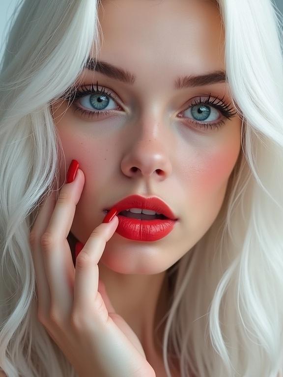 Hyper-realistic and highly detailed close-up image of a beautiful woman with long straight white hair and large blue eyes with long lashes. Her full lips are painted red, mouth open with tongue out, signaling with a finger and looking directly at the observer.
