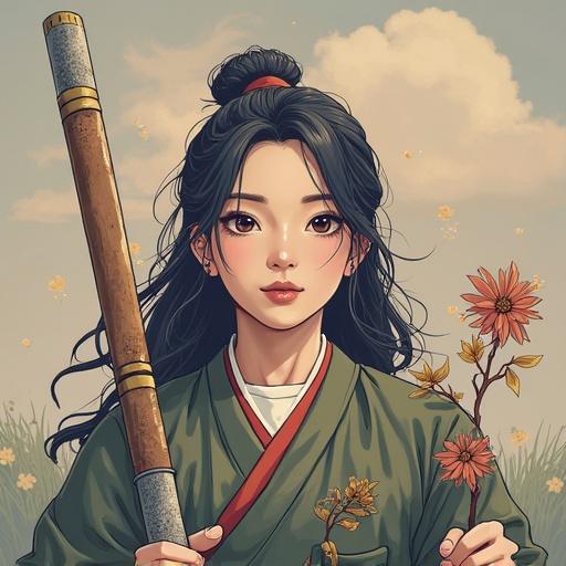 Spring outfit of a university student. A person wears a green kimono-style jacket. Holding a flower in one hand. A bamboo flute rests in the other hand. Background features soft clouds. Overall atmosphere is joyful and vibrant.