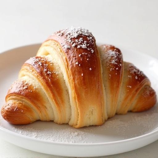 Croissant on a white plate with a dusting of powdered sugar