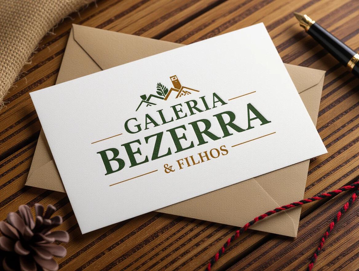 Logo design with the name Galeria Bezerra e Filhos. Elegant text and earthy colors. Suitable for a family-owned business. Displayed on a textured background with a pen and a pine cone.