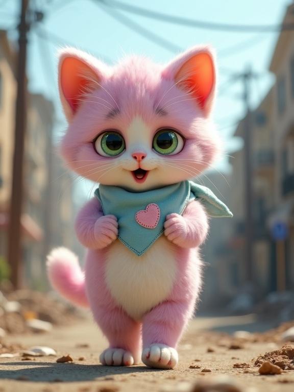 A fluffy anthropomorphic kitten stands in destroyed streets. The kitten has pastel pink and lavender fur with a creamy white belly. It has large expressive green eyes and an oversized head with soft rounded features. The tiny paws and perky ears stand out. It wears a light blue bandana with a stitched pink heart. The kitten carefully carries a crying human baby. The scene appears chaotic but the kitten’s expression is determined and focused on getting the baby to safety.