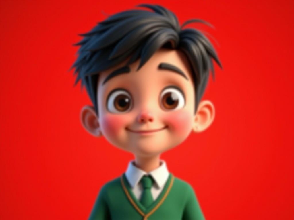 This is a digital portrait of a young boy who appears to be about 8 years old. He has short, dark hair and a friendly smile. The background is a bold red, creating a striking contrast with his outfit. He wears a green school uniform with a white shirt and a tie. The character has bright eyes, giving a sense of innocence and playfulness. Overall, the image presents a cheerful and engaging young character, suitable for a 3D gaming environment, with a slight cartoonish appeal.