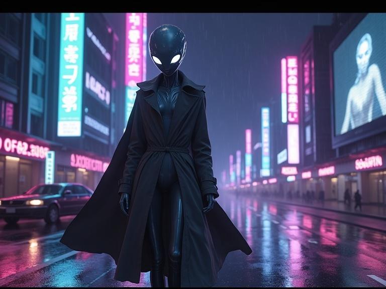 Neon-lit futuristic city at night features a humanoid alien with silver skin and glowing white eyes. Alien wears a flowing trench coat and walks through rain-slick streets. Glowing signs in alien script are overhead. Holographic billboards flicker. Reflection of a glowing female figure briefly appears in passing glass as alien turns.