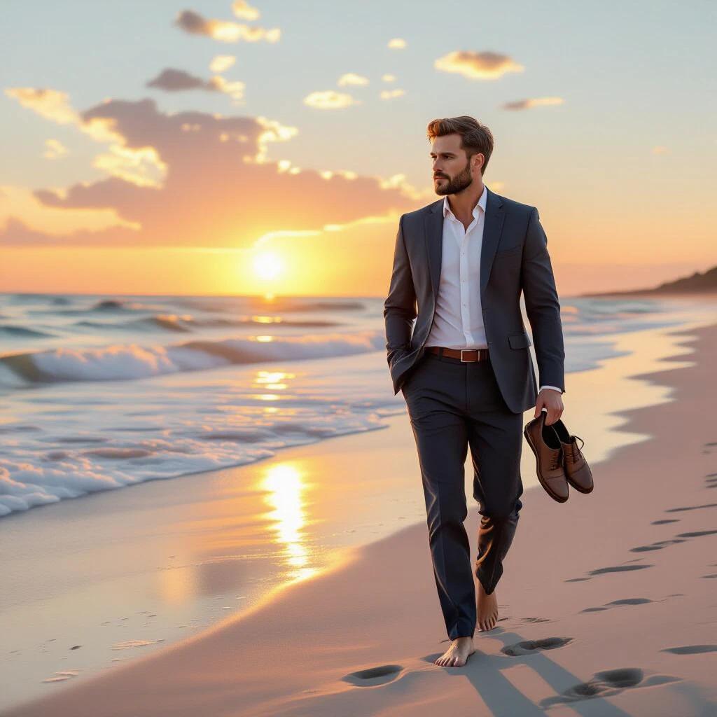 A suited man strolls along the beach during sunset. He walks barefoot with shoes in hand. The scenery features calm waves and a vibrant sky. The environment evokes contemplation and relaxation.