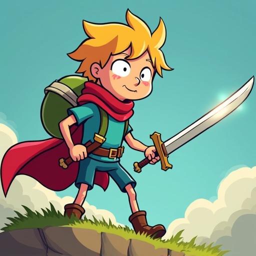 Character design in bright colors inspired by animated series. Boy carries sword and wears adventurous outfit. Playful expression indicates excitement.