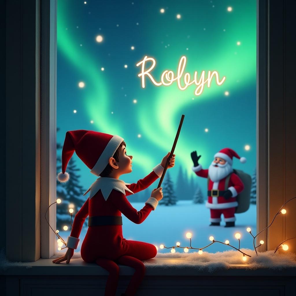 Elf on the Shelf writes child's name in the sky with a wand. Magical Christmas background with Northern Lights. Santa Claus visible outside. Cozy atmosphere inside.