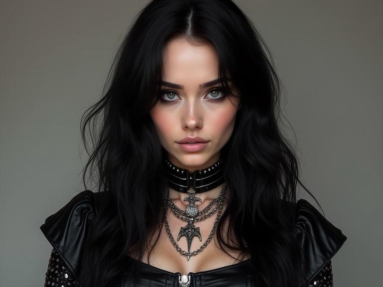 Female model with heavy metal style. Black leather outfit with spikes and studs. Long black hair, straight and glossy. Accessories include layered silver necklaces and chokers. Edgy makeup with dramatic eyeliner.