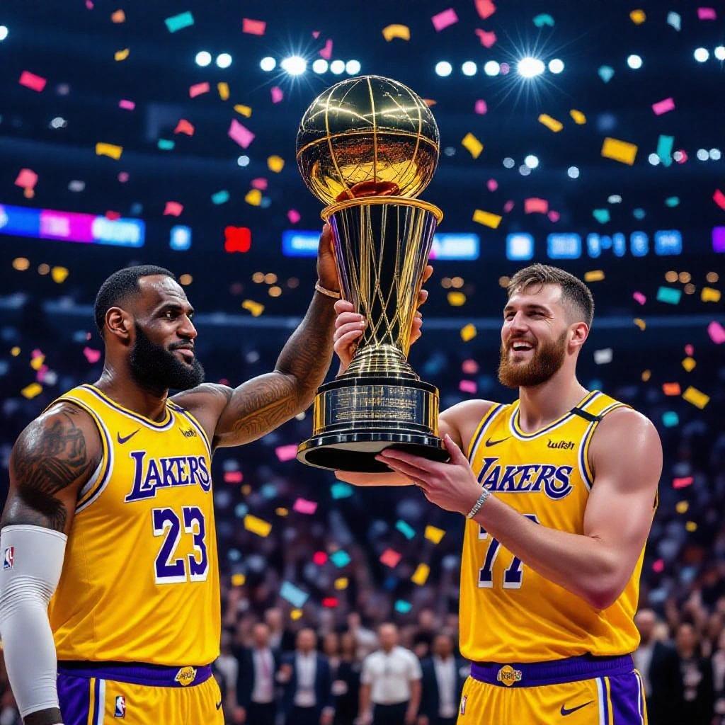 Photorealistic action shot of basketball players celebrating. Two athletes in Los Angeles Lakers jerseys holding trophy. Positive emotions expressed on their faces. Confetti falls around them in stadium. Background shows cheering fans and bright lights. Shot features detailed textures and vivid colors.