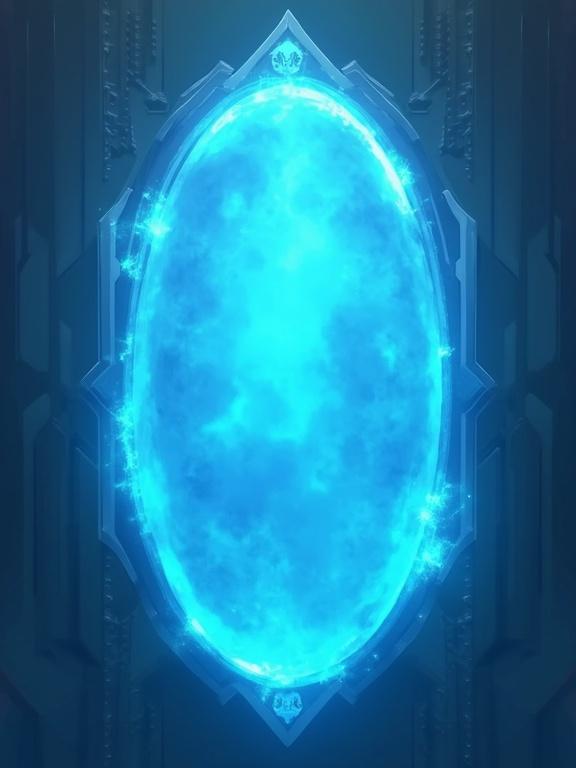 Fantasy card back design for trading card game. High quality illustration with a glowing blue oval stone at the center. Symmetrical composition with clean lines and light blue tones. No text included.
