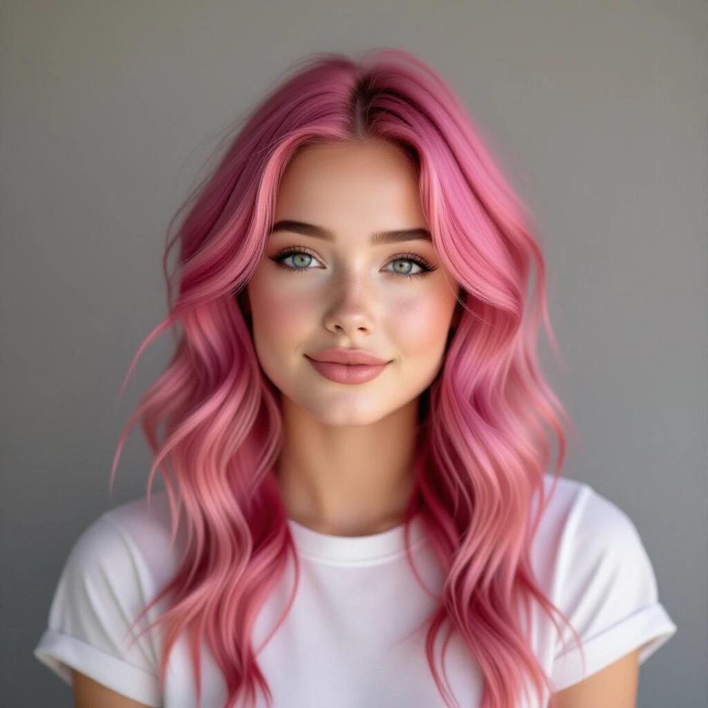 Portrait of a girl with pink hair. Soft and natural makeup. Frontal view against a neutral background.