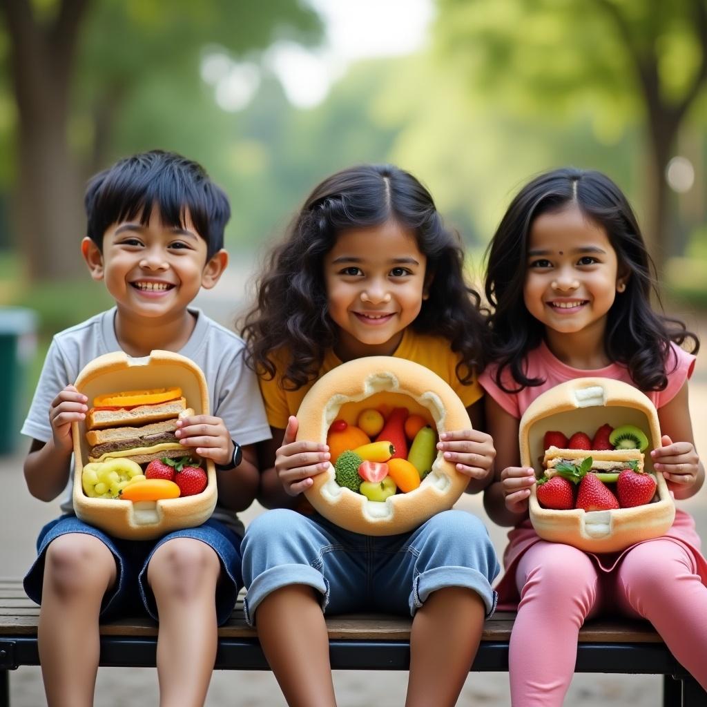 Three happy Indian children are sitting in a playground, smiling and enjoying a healthy meal. They hold adorable lunchboxes shaped like doughnuts, each featuring three tiers filled with vibrant fruits, vegetables, and sandwiches. The scene captures the joy of eating healthy food outdoors. The children are dressed casually, reflecting a fun day out. Their laughter adds a cheerful vibe to the image, symbolizing friendship and good nutrition.