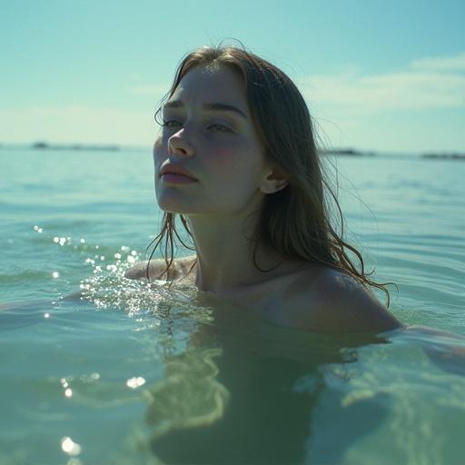 Photographic exploration involves subjects in shallow water. Subjects appear semi-conscious. Results are impressive and magical. Daydream-like quality. Subconscious mind reflects and rises.
