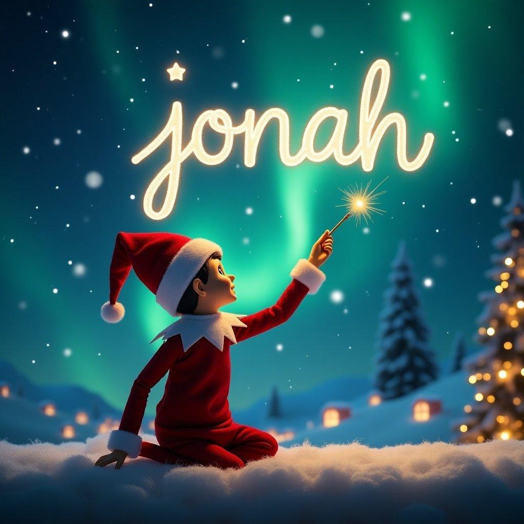 In a magical winter landscape, an elf on the shelf is depicted with a playful demeanor. The elf sits on a snowy surface, facing upwards with a joyful expression, wielding a sparkling magic wand. He is creating the name 'jonah' in shimmering letters against the backdrop of vibrant northern lights. Surrounding him are softly lit trees and a cozy Christmas scene with distant houses flickering their lights. This enchanting illustration captures the essence of holiday spirit and whimsy.