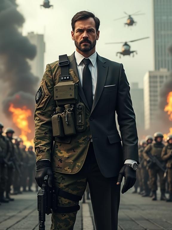A man stands confidently at the center with a split outfit. Left side is in a full tactical military uniform. Right side features a dark business suit with a tie. Background showcases a city skyline filled with smoke and flames. Military helicopters fly above. Soldiers in formation and armored vehicles are present. The lighting is epic with realistic shadows and detailed resolution.