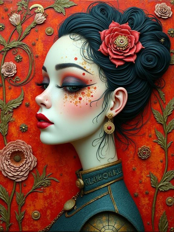 3D multi-layered encaustic artwork featuring a woman in profile with intricate designs and warm colors.