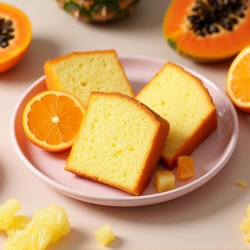 High-resolution photo of three slices of golden-yellow sponge fruit cake on a pale pink plate. Cake has light golden crust. Plate with fresh orange slices, scattered pieces of papaya and pineapple. Scene from 45-degree angle. Soft natural daylight with gentle shadows. Warm inviting color palette.