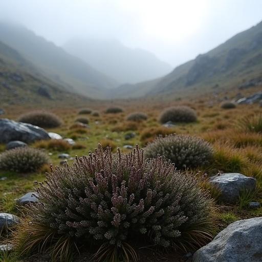 High-resolution photograph showcasing a misty páramo ecosystem in the Ecuadorian Andes. Landscape filled with native páramo grasses. Moss-covered rocks are scattered throughout. Dense cluster of mortiño bushes is the focus in the foreground with dark-purple berries glistening from dew. The background features fog-covered hills and faint snow-capped peaks. Soft diffused light from overcast skies creates a serene atmosphere. Shot in vertical orientation with realistic textures and shadows.
