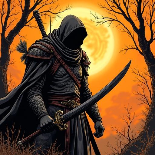 2.5D art style featuring a warrior in a fairy forest. Dynamic angle highlighting bold outlines. Bright orange and black colors dominate the scene.