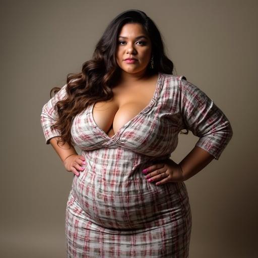 A plus-size woman poses confidently in a stylish outfit. She has long, wavy hair and is wearing soft makeup. The background is neutral, focusing attention on her expression and attire.