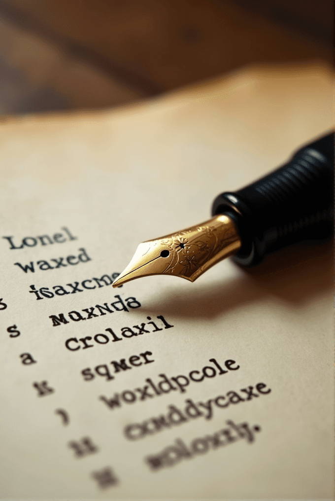 A close-up of a fountain pen poised over a page with old-fashioned script.