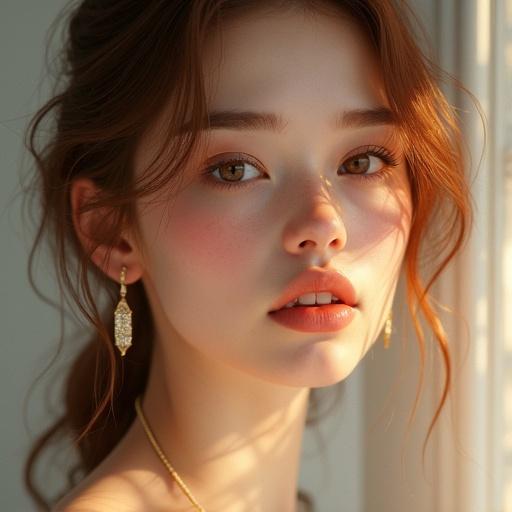 Image depicts a young woman with delicate features. She has a serene expression. Her skin is softly lit with rosy cheeks. Subtle makeup enhances natural beauty. Auburn hair cascades in loose waves. Elegant gold jewelry gleams in gentle light. Highly detailed hyper-realistic digital artwork.