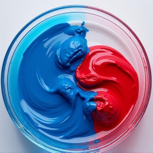 Blue paint and red paint in a bowl. The paint is mixing in the water. The paint colors blend together. Close up of the mixture in high definition.