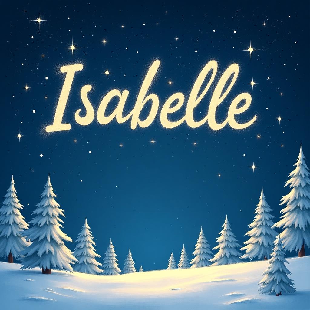 In a beautiful winter wonderland, the name 'Isabelle' is magically written in the sky by Santa. The background features a rich blue night sky filled with twinkling stars, creating a whimsical atmosphere. Surrounding the name are tall evergreen trees covered in snow, enhancing the magical feel. The white snow blankets the ground, making the scene look serene and inviting. This artwork captures the essence of holiday charm and personalization, appealing to both children and adults alike.