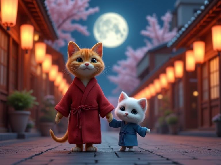 Illustration showing an orange tabby mother cat in a red robe. A small white kitten in blue pajamas holding hands. They walk together on a traditional Japanese street at night. The street is lit with glowing lanterns. A full moon is visible in the background with cherry blossoms framing the scene. The artistic style resembles cinematic 3D animation.