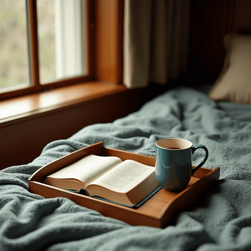 A warm drink and an open book rest on a wooden tray atop a cozy, blue blanket by a window.