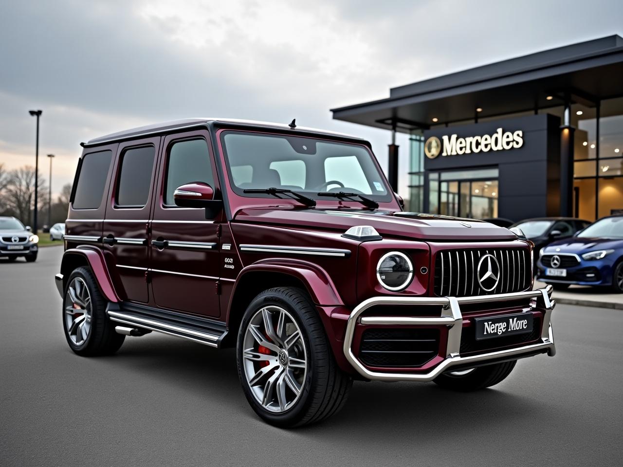 The image shows a dark bordeaux Mercedes G63 AMG with big silver wheels. The vehicle has no chrome trim and is parked at a Mercedes dealership in cloudy weather during late afternoon. In the background, there are parked cars.