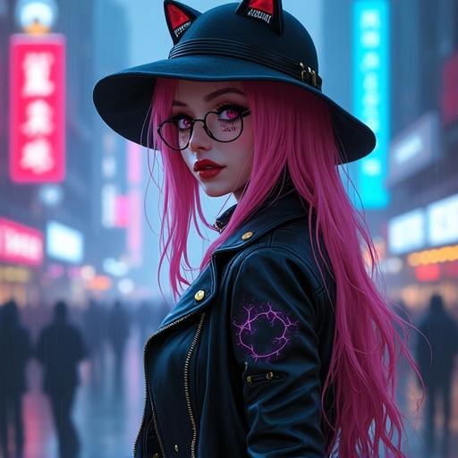Cyberpunk female warrior. Character has pink hair fading to red at tips. Wears a black cat-ear hat, leather jacket, and gothic boots. Full body visible in futuristic cityscape with neon signs. Features round glasses and black painted nails. Glaive on back has glowing circuits. Rainy atmosphere. Emphasis on cuteness and realism.